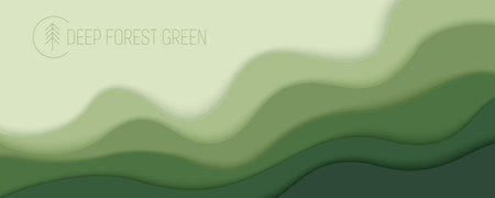 Deep forest green waves, paper art banner. Nature greenery color poster template in papercut style. Vector illustration EPS 10.のイラスト素材