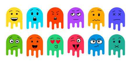 Set of funny colorful emoji, abstract comic faces with various emotions in color blot, vector emoticons - not expanded lines, isolated on the white background.のイラスト素材