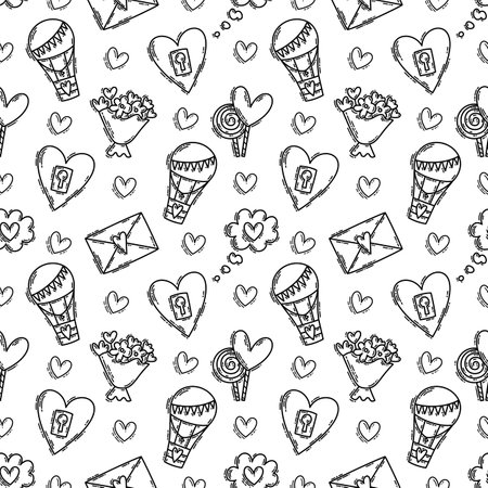 The love theme doodle style seamless pattern in black and white, Valentines Day hand-drawn icons with a simple engraving retro effect. Romantic mood, cute symbols and elements backgrounds collection.のイラスト素材