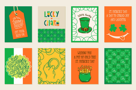 St Patricks Day printable poster set in doodle style, hand-drawn charming Irish-themed icons and elements.のイラスト素材