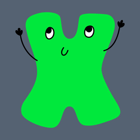 Whimsical funny alphabet in doodle style, colorful uppercase letter X with cute faces and hands. ABC funky bubble design. Vector illustration.のイラスト素材