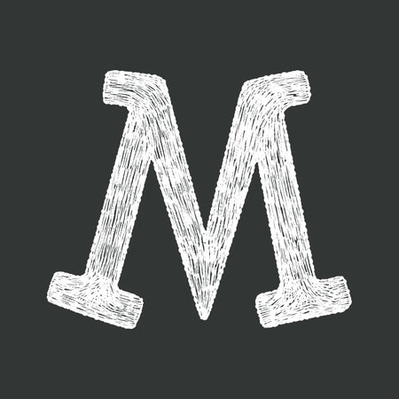 Black and white hand-drawn chalk textured alphabetical letter M ideal for school creative lettering design projects.のイラスト素材