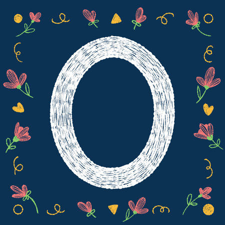 Playful hand-drawn chalk textured alphabetical letter O with decorative elements on a blue background, ideal for educational and creative design projects.のイラスト素材
