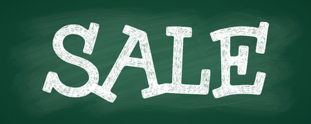 A classic green chalkboard with a chalk lettering SALE, blackboard for classroom, cafe or restaurant menu, realistic texture and shadingのイラスト素材