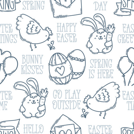 Easter hand-drawn engraving doodle and lettering seamless pattern. Cute black and white spring symbols with double strokes - chickens, rabbits, eggs and flowersのイラスト素材