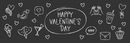 Hand drawn chalk doodles Valentines day elementsのイラスト素材