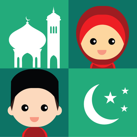 Set of cute Muslim character and elementsのイラスト素材