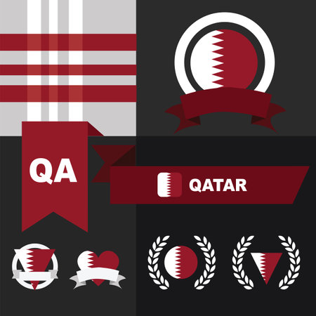 Set of Qatar flag emblem and plaid patternのイラスト素材