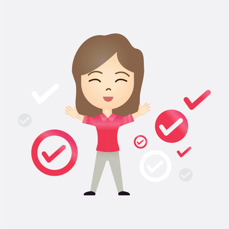 Cute Caucasian cartoon girl with correct or tick symbol on isolated backgroundのイラスト素材