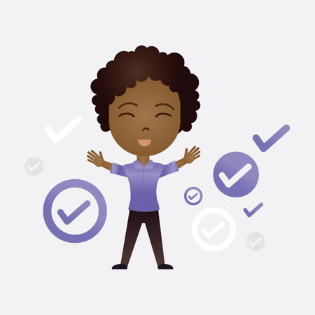 Cute African American cartoon girl with correct or tick symbol on isolated backgroundのイラスト素材