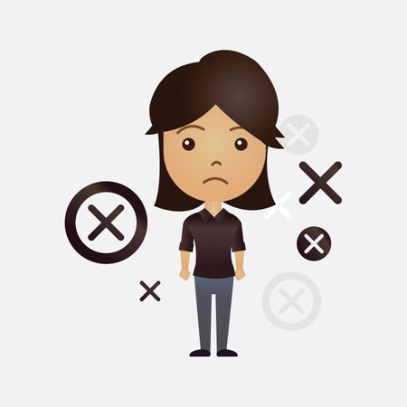 Cute Asian cartoon girl with x or wrong symbol on isolated backgroundのイラスト素材