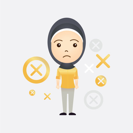 Cute Muslim cartoon girl with x or wrong symbol on isolated backgroundのイラスト素材