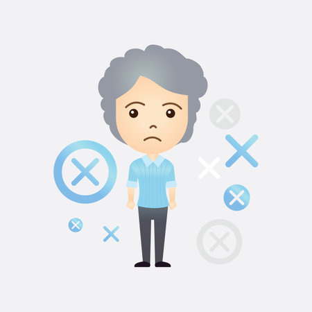 Cute old woman cartoon with x or wrong symbol on isolated backgroundのイラスト素材