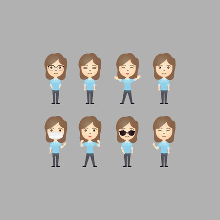 Set of cute Caucasian cartoon characters with various movements and emotional expressionのイラスト素材