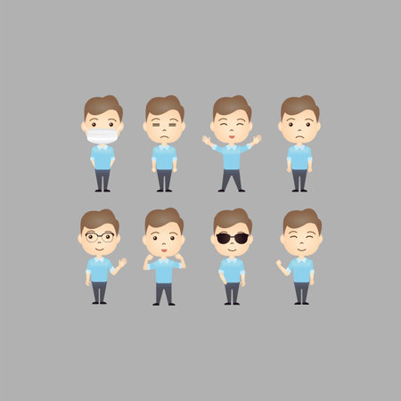 Set of cute Caucasian cartoon characters with various movements and emotional expressionのイラスト素材