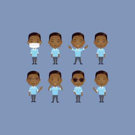 Set of cute African American cartoon characters with various movements and emotional expressionのイラスト素材