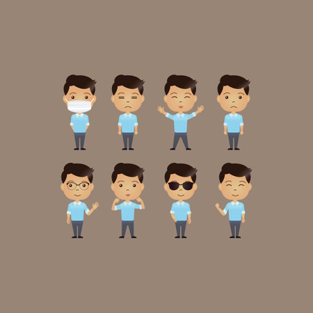 Set of cute Asian cartoon characters with various movements and emotional expressionのイラスト素材