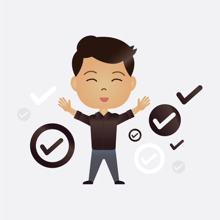 Cute Asian cartoon boy with correct or tick symbol on isolated backgroundのイラスト素材