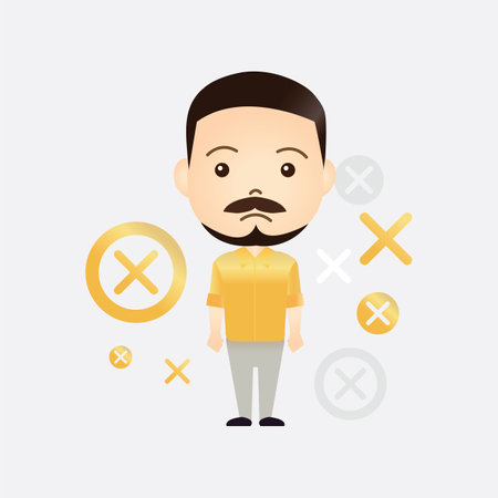 Cute Muslim cartoon man with x or wrong symbol on isolated backgroundのイラスト素材