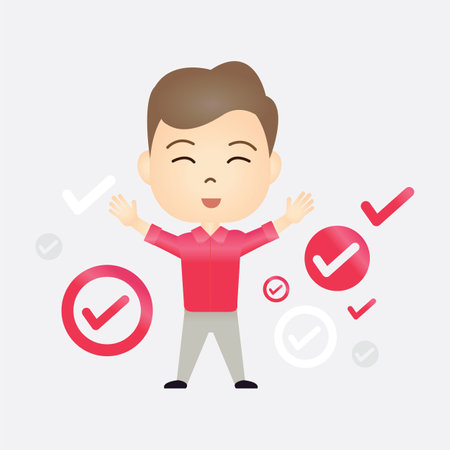 Cute Caucasian cartoon man with correct or tick symbol on isolated backgroundのイラスト素材
