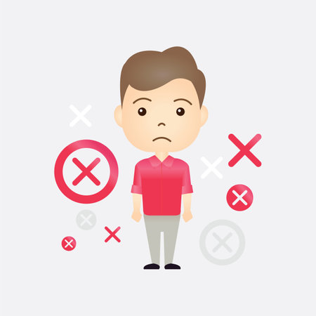 Cute Caucasian cartoon man with x or wrong symbol on isolated backgroundのイラスト素材