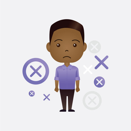 Cute African American cartoon man with x or wrong symbol on isolated backgroundのイラスト素材