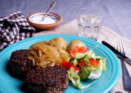 Danish hamburger beef with potatoes and onions