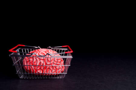 Think before you Bye. Brain and shoppingcart isolated on Blackの写真素材