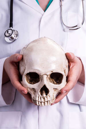 Doctor holding a skull in his hands. She shows the skull forward in a teaching situation or when she explains her patient what the patient study showedの写真素材