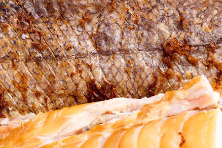 Smoked Fish Hake Fillet. Close up of delicious smoked wild Hakes, ready for serving