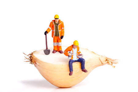 small figure of workers standing and sitting on half an onion, isolated on whiteの写真素材
