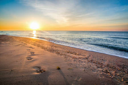 Beautiful seascape footprints on the sandy shoreの写真素材