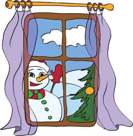 snowman peeps into the house from the windowのイラスト素材