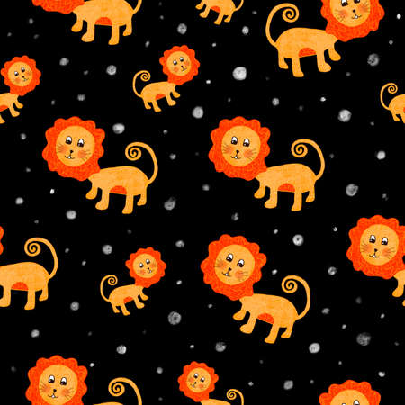 Lion. Seamless Baby Pattern wiht Cute Lions on black backgroundの写真素材
