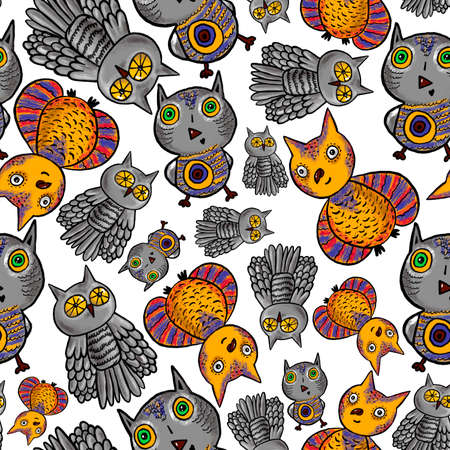 Owls Seamless Bright baby pattern of gray and yellowの写真素材
