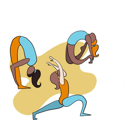 Yoga Vector set of stylized figures in yoga poses. Female figures in yoga poses, stretching. Women of different races in yoga posesのイラスト素材