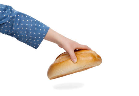 Child stretching hand to grab a bun isolated on white background