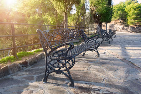 Vintage old metal bench in the morning park