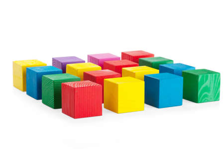 4*4 square of wooden toy cubes isolated on white background