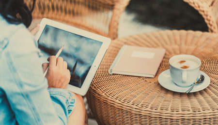 close up tablet on hand working Businessman working with digital tabletの写真素材