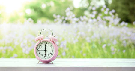 Clock on wood in the morning, blurred nature background.の写真素材
