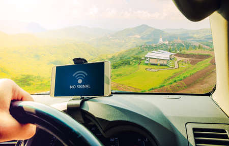 No signal cellphone network,No communication coverage,showing on the smart phone inside of a carの写真素材