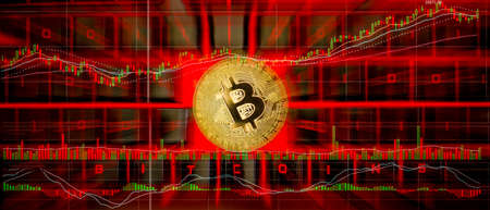 Photo Golden Bitcoins on keyboardの写真素材