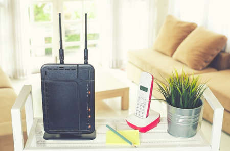 closeup of a wireless router on living room at homeの写真素材