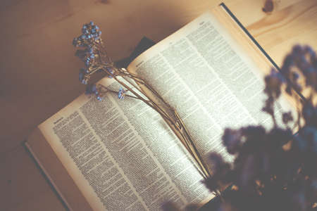 Open book on wood desk in the library room with blurred focus for education backgroundの写真素材