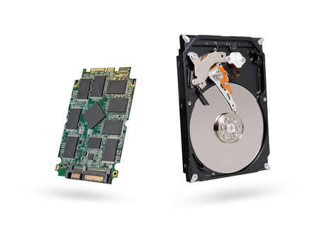 hard diskÂ and SSD  solid state  drive with sata 6 gb isolated on white background