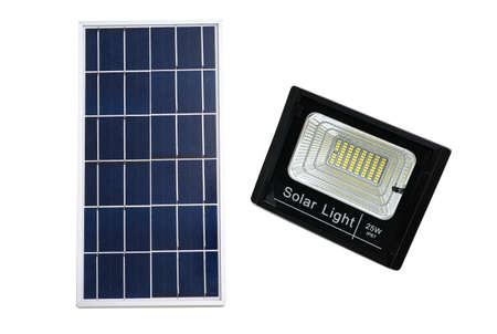 solar panel with LED light for home isolated on white background.の写真素材