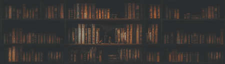 panorama blurred bookshelf Many old books in a book shop or libraryの写真素材