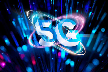 Creative background, the inscription 5G on the background of purple and blue energy, dark background. The concept of 5G networkの写真素材