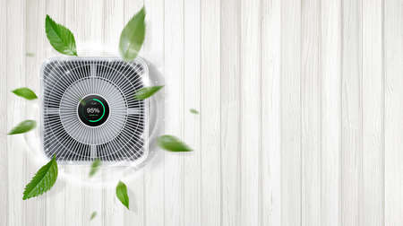 air purifier a living room, air cleaner removing fine dust in house. protect PM 2.5 dust and air...